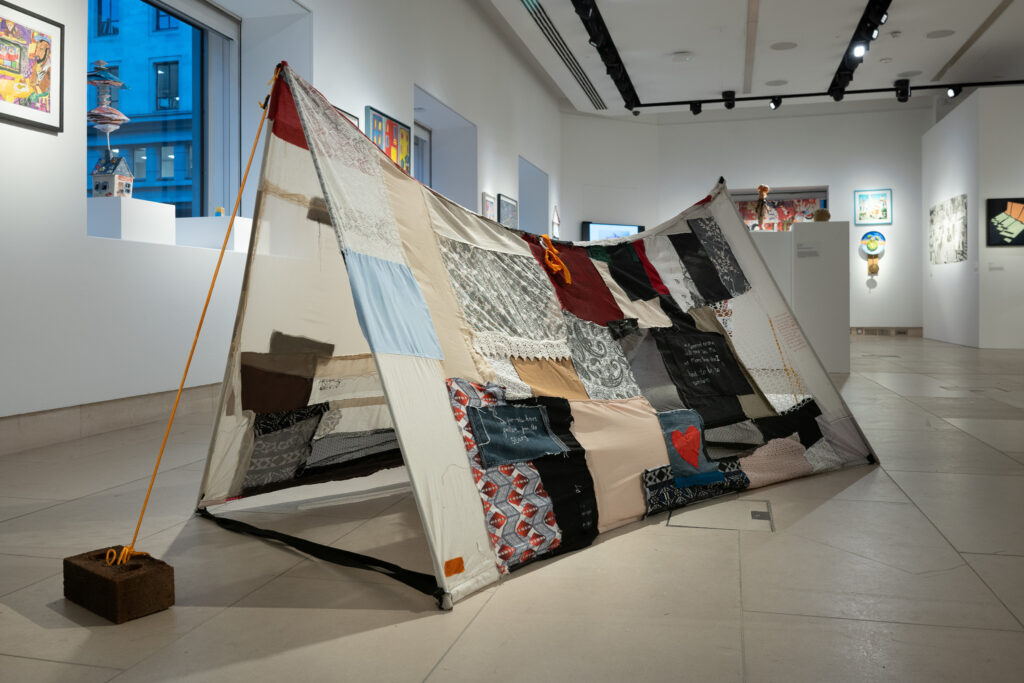 An image of a fabric tent sculpture installed at Christie’s gallery london